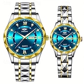 baratos Relógios Quartz-Dois mostradores romanos redondos com diamantes aquáticos, mostrador luminoso, relógio de casal ipx7 à prova d&#039;água, relógio de quartzo com calendário e data, pulseira de aço inoxidável elegante,