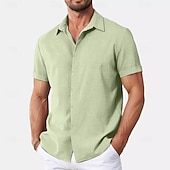cheap Classic-Men&#039;s Shirt Linen Shirt Summer Shirt Casual Shirt Beach Shirt Button Down Shirt Plain Casual Daily Black White Pink Blue Short Sleeve Collar Summer Clothing Apparel