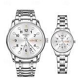 baratos Relógios Quartz-Conjunto de relógio de quartzo para casal, 2 peças – mostrador digital redondo, à prova d&#039;água ipx7, ponteiros luminosos, calendário duplo (data e dia), pulseira de liga, estilo empresarial unissex, ideal para encontros e presentes