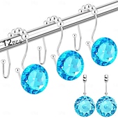 olcso Zuhanyfüggönyök-12 db Zuhanyfüggöny Horog Luxus Design Kerek türkizkék Gyémánt Kristály Csepp mely Csúszkáló Golyozókkal Van Ellátva Hableány Zuhanyfüggönyhöz Rozsdamentes Fém Ragyogó Zuhanyfüggöny Gyűrűk