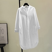 abordables Camisas-Mujer Camisa Camisas de algodón y lino Blusa Plano Moderno Casual Manga Larga Escote en Pico Tops largos Festivos Noche Botones Bolsillo Blanco Amarillo Rosa Verde Trébol Verano