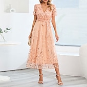 preiswerte Teelänge-A-Linie Kleid Brautmutterkleid Elegant V Ausschnitt Bodenlang Spitze Kurzarm mit Schärpe / Band Falten 2025