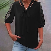 abordables Hauts en dentelle-Femmes Chemise Chemisier Uni Moderne Demi Manches Col en V Hauts Réguliers Fête Sortir Dentelle Patchwork Noir Été