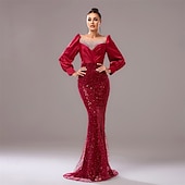 abordables ROUGE-Robe de soirée noire cravate noire robe élégante mariage invité longueur au sol manches longues col rond sequins avec plis