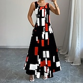 preiswerte Ausgefallene Kleider-Damen Langes Kleid Maxikleid Freizeitkleid Trägerkleid Mode Outdoor Party Ferien Normale Passform Geometrisch Ärmellos Rundhalsausschnitt Schwarz Rote Grün Sommer