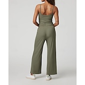 billiga vida ben och raka byxor-Dam Yogajumpsuit Onesie Ficka Henley Yoga Kondition Pilates Vida byxor med linne Svart Grön sporter Sportkläder Microelastisk