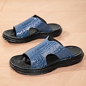 cheap Vacation Sandals-Men&#039;s Copper Faux Leather Slide Sandals with Embossed Crocodile Pattern and Black Cushioned Sole – Stylish Slip-On Sandals for Indoor Lounge, Poolside Relaxation, or Resort Wear