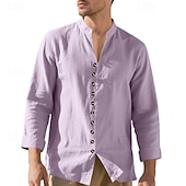 economico Camicie di lino-Per uomo Camicia Camicia di lino Camicia casual Camicia con Bottoni Camicia di cotone Semplice Vacanza Camicia hawaiana Nero Bianco Rosa Viola Manica Lunga Colletto alla coreana Primavera Autunno