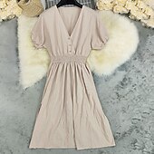 abordables Robes Bohémiennes-Femmes Robe Midi Robe en coton et lin Mode Moderne Extérieur Vacances Fête Coupe régulière Uni Manche Courte Col en V Kaki Été