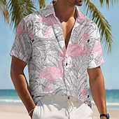 preiswerte Vögel &amp; Tiere-Herren Flamingo Vogel Palmblatt Hemd Sommer Hawaiihemd Knopfhemd Kurzarm Hawaiianisch Resort Urlaub Ferien Strandbekleidung Sommer Frühling Umlegekragen 3D-Druck Hemden mit Kragen Rosa Blau Grün