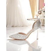 economico Formale-Scarpe da sposa con tacco a spillo e cinturino alla caviglia, con punta affilata e glitter argento, per spose ed eleganti occasioni nuziali
