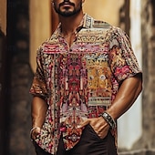 cheap Retro Vintage Print-Men&#039;s Indian Boho Ethnic Shirt Summer Hawaiian Shirt Button Up Shirt Short Sleeve Hawaiian Vacation Holiday Beach Wear Summer Spring Turndown 3D Print Collared Shirts Red