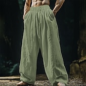 cheap Retro-Men&#039;s Linen Pants Trousers Summer Pants Beach Pants Pocket Drawstring Elastic Waist Plain Comfort Breathable Vacation Daily Holiday Hawaiian Boho Black White
