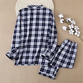 billiga Pyjamas-Herr Sovkläder Pyjamas set Pyjamastopp och byxa 1set Rutig Mode Stylish Klassisk Hem Dagligen Säng Bomull Komfort Mjuk Kavajslag Långärmad Cardigan Byxa Elastisk midja Vår Höst Vit + Svart Marinblå