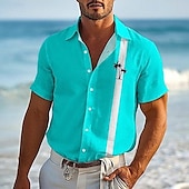 preiswerte Herrenhemd zum Knöpfen-Herren Hemd Sommerhemd Freizeithemd Strandhemd Knopfhemd Gelb Leicht Blau Kurzarm Kokospalme Revers Urlaub Hawaiianisch Druck Bekleidung Polyester Mode Lässig Bequem