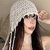 お買い得  ヘアスタイリングアクセサリー-パールとタッセル付きのベージュカラーのレトロなかぎ針編みのくり抜きヘッドバンド1個