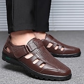 baratos Sandálias de vestir-Men's Sandals Walking Casual PU Leather Breathable Comfortable Slip Resistant Buckle Black Brown Summer Spring Fall