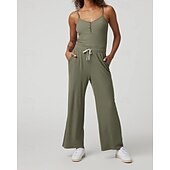billiga vida ben och raka byxor-Dam Yogajumpsuit Onesie Ficka Henley Yoga Kondition Pilates Vida byxor med linne Svart Grön sporter Sportkläder Microelastisk