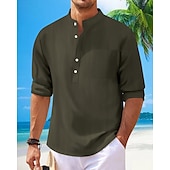 preiswerte Baumwoll-Leinenhemd-Herren Hemd Leinenhemd Popover-Hemd Freizeithemd Baumwollhemd Einfach Urlaub Hawaiianisch Schwarz Weiß Rosa Marineblau Langarm Stehkragen Frühling Herbst Bekleidung