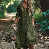 abordables Robes Bohémiennes-Femmes Robe Longue Maxi Robe Robes en coton et lin Robe Décontractée Robe bohème Mode Extérieur Soirée Fête Coupe régulière Uni manche longue Col en V Noir Vert Véronèse Orange Été
