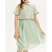 cheap Dresses-Kids Girls&#039; Dress Solid Color Short Sleeve Outdoor Mesh Patchwork Adorable Polyester Knee-length Casual Dress Summer 4 years+ Green