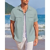 preiswerte Herrenhemd zum Knöpfen-Herren Hemd Sommerhemd Freizeithemd Strandhemd Knopfhemd Rosa Wein Blau Grün Dunkel Blau Kurzarm Streifen Revers Urlaub Hawaiianisch Fronttasche Bekleidung Baumwollmischung Mode Lässig Bequem