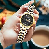 baratos Relógios Quartz-o novo relógio de quartzo luminoso com pulseira de aço com calendário duplo incrustado de diamantes para senhora é um relógio de pulso esportivo simples e versátil