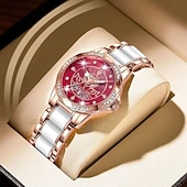 baratos Relógios Quartz-Relógio feminino de quartzo em ouro rosa – mostrador retrô à prova d&#039;água com diamantes e ponteiros luminosos, pulseira de aço inoxidável