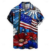 cheap Independence Day Shirts-Independence Day Men&#039;s Floral Print US Flag Patriotic Shirt Summer Shirt Button Up Shirt Short Sleeve Fashion Casual Outdoor Holiday Summer Spring Turndown 3D Print Collared Shirts Red Blue