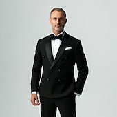 billige Middagsselskap-Herredresser med svart slips, smokinger, formell, ensfarget, standard passform, 2-delt, dobbeltspent, seks knapper