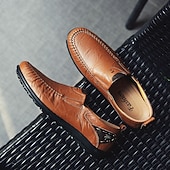 tanie Buty casual slip-on-męskie, brązowe, swobodne mokasyny z cholewką z miękkiej skóry ekologicznej, ręcznie szytymi detalami i wytrzymałą gumową podeszwą – idealne do codziennego noszenia i aktywności na świeżym powietrzu