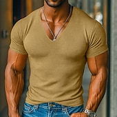 cheap Basic T shirts-Men&#039;s T Shirt Knit Tee Tee Top Short Sleeve V Neck Summer Solid Color Fashion Designer Basic Knitted Vacation Street Casual Light Blue Yellow Beige Top Tee for Men