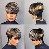 economico Parrucche di altissima qualità-Parrucche pixie cut per donne nere, parrucche sintetiche corte a strati con frangia per uso quotidiano