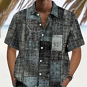 preiswerte Geometrische Muster-Herren Geometrisch Farbblock Patchwork Hemd Sommerhemd Knopfhemd Kurzarm Modisch lässig Urlaub Ferien Streetwear Sommer Umlegekragen 3D-Druck Eine Tasche vorne Leinenähnliches Hemd Dunkelblau
