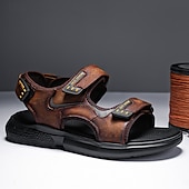cheap Outdoor Sandals-Men&#039;s Brown Faux Leather and Mesh Sport Sandals with Dual Buckle Straps – Durable Outdoor Sandals for Hiking, Beach or Vacation Wear