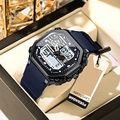 baratos Relógio Automático-Relógio esportivo digital masculino à prova d&#039;água com display LED quadrado, hora dupla, semana e data, pulseira de silicone, relógio de pulso casual