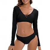 abordables Maillots une pièce et tankinis-Femmes Tankini Maillot De Bain Deux Pièces Dos Nu Maillot de Bain Couleur Unie Maillots de Bain Noir Respirant Séchage Rapide manche longue - Natation Surf Plongée en apnée Été