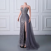 baratos CINZA-Sereia  Vestido de Noite Trompete Vestido Elegante Festa de Gala Traje de Corte Sem Mangas Alças Finas Com Lantejoulas e Pérolas