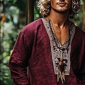 economico Vacanza-Per uomo Camicia Camicia di lino Camicia popover Camicia Estiva Abbigliamento da spiaggia Camicie retrò Etnico Vacanza Ferie Vino Marrone Verde Manica Lunga Scollo a V Estate Primavera Abbigliamento
