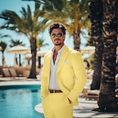 voordelige Strandpakken-heren casual bruiloft linnen pakken zomer narcis beige mode casual effen kleur standaard pasvorm 2-delig enkelrijs éénknoops