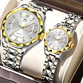 baratos Relógios Quartz-Dois mostradores romanos redondos com diamantes aquáticos, mostrador luminoso, relógio de casal ipx7 à prova d&#039;água, relógio de quartzo com calendário e data, pulseira de aço inoxidável elegante,