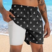 olcso Ocean Print-Férfi Tengeri Horgony Bélelt rövidnadrág 2 az 1-ben úszónadrág Úszónadrágok Közepes csípő Hawaii Vakáció Szabadság Strandruházat Oldalzsebek Compression Linerrel Elasztikus húzózsinóros derékrész