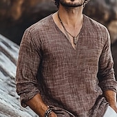 economico Vacanza-Per uomo Camicia Camicia di lino Camicia popover Camicia Estiva Abbigliamento da spiaggia Linea Vacanza Streetwear Marrone Cachi Manica Lunga Scollo a V Estate Primavera Abbigliamento