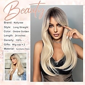 preiswerte Trendige synthetische Perücken-Ombre-Perücke in Gold mit Pony – langes glattes Haar mit dunklen Haarwurzeln und leichten Locken nach innen an den Enden – hitzebeständiges Kunsthaar für Frauen – ideal für alltägliche Partys und