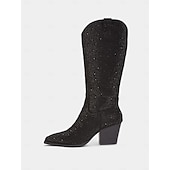 baratos Festa da Vida Noturna-Botas de cowboy femininas com strass - botas pretas de festa estilo western até o joelho com bico fino e salto grosso para festivais de música e eventos noturnos