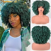 abordables Perruques historiques-Perruques afro pour femmes noires 10 pouces 230g/pièce Perruque synthétique résistante à la chaleur avec des frisottis courts et une frange pour fête des années 70 Halloween
