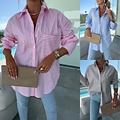 voordelige Dames Strepen &amp; Geometrische Tops-Dames Overhemd Bloemig Stijlvol Casual Lange mouw Overhemdkraag Normale tops Dagelijks Knop Zak Afdrukken Blozend Roze blauw Khaki Zomer Lente