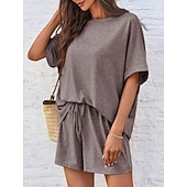 billiga Blusdräkter för kvinnor-Dam Set med shorts Bolero Top Kortärmad Rund hals Ensfärgat Snörning Mode Streetwear Ledigt Dagligen Utomhus Blå Svart Brun Sommar Lös passning