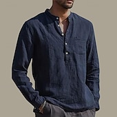 abordables Camisas Popover para Hombres-Camisas popover para hombre, color negro, azul marino, manga larga, lisas, estilo Henley, para vacaciones, estilo hawaiano, moda, informal, transpirable.
