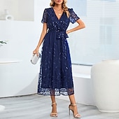 preiswerte Teelänge-A-Linie Kleid Brautmutterkleid Elegant V Ausschnitt Bodenlang Spitze Kurzarm mit Schärpe / Band Falten 2025